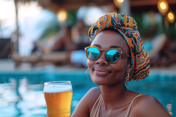 African woman having fun in hotel pool by relaxing and drinking beer