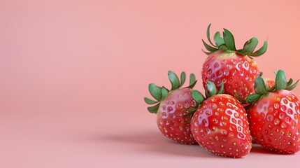 Strawberries, a photorealistic illustration against pastel pink background with copy space for text...