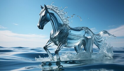 horse shaped figure mase of liquid water, transparent, translucent, melted, arising from inside sea waves, photorealistic, highly detailed, color