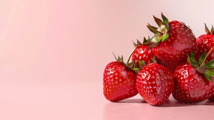 Strawberries, a photorealistic illustration against pastel pink background with copy space for text or logo, beautifully illuminated by studio lighting