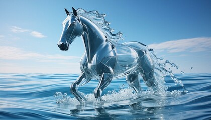 horse shaped figure mase of liquid water, transparent, translucent, melted, arising from inside sea waves, photorealistic, highly detailed, color