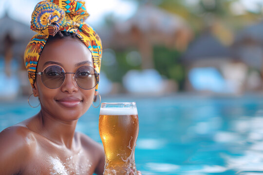 African woman having fun in hotel pool by relaxing and drinking beer