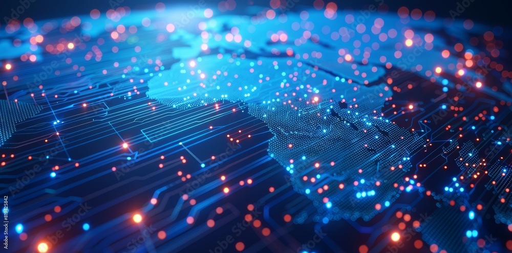 Poster a computer screen with a blue background and red and orange dots