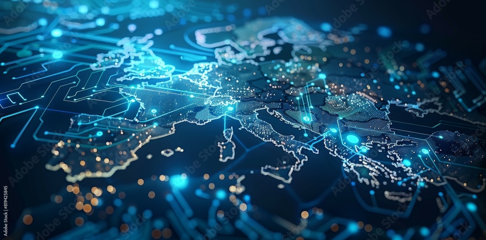 Poster a computer generated image of europe with a blue background and a lot of lights