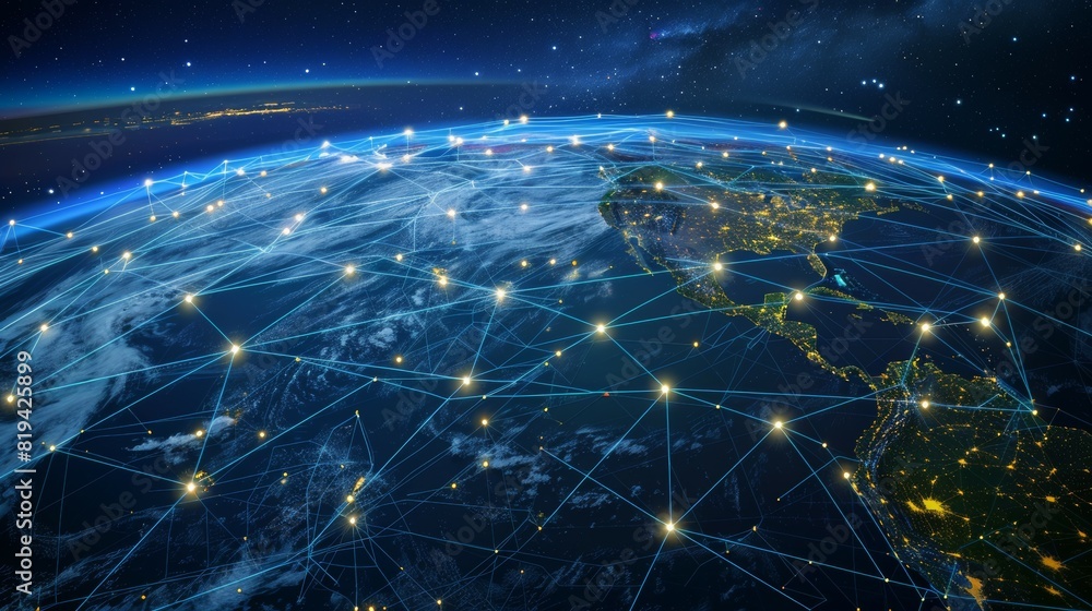 Poster a planet with a network of lights on it