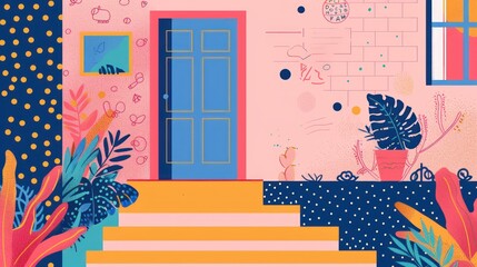 Geometric design with welcome home party icons. Stylish and festive celebration.