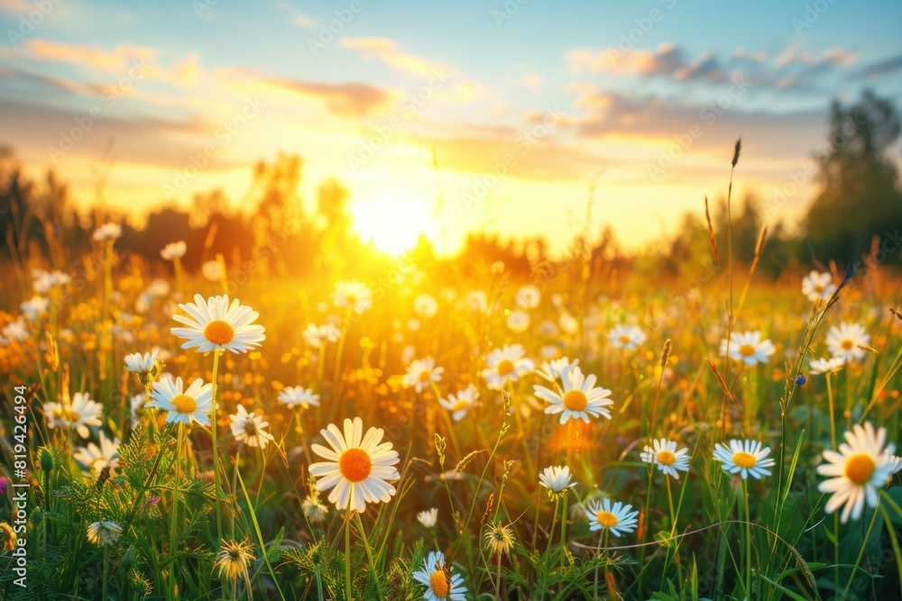 Poster chamomiles or daisies bloom in a field. background with selective focus and copy space