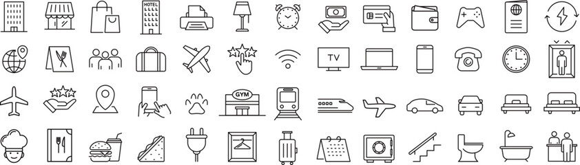 ベクターの宿泊に関する線画アイコンセット