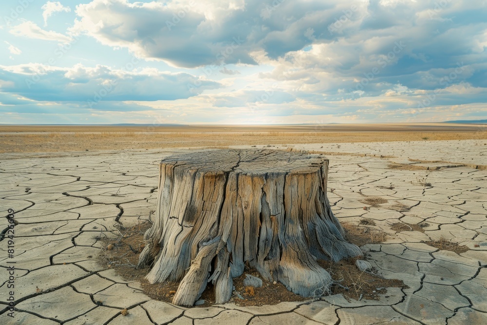 Poster stump from felled tree in drought concept. record summer heat. background of the consequences of env