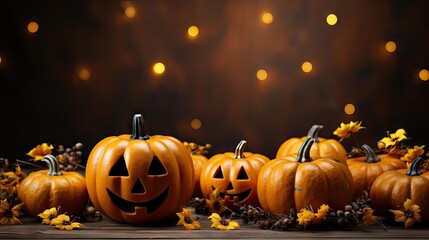 Fototapeta premium halloween background with the concept of a pumpkin in the shape of a face on a scary background