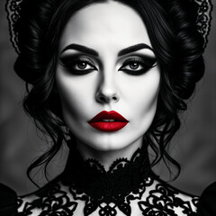 Fototapeta premium A black and white illustration of a woman with red lipstick, wearing elaborate makeup and a lace dress with a high collar. Her hair is styled in an updo, and she has a serious expression on her face.