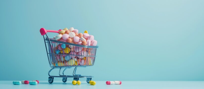 Mini shopping cart filled with colorful pills on blue background