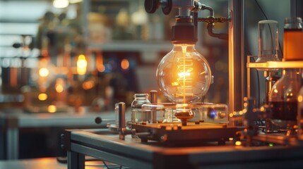 A visual representation of the principles of thermodynamics, featuring an experiment with heat transfer and energy transformation, conducted in a well-equipped laboratory, demonstrating the practical