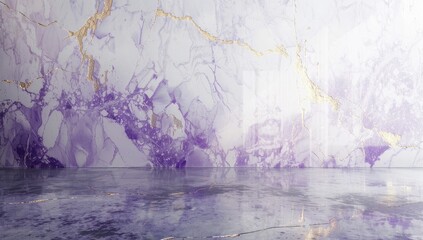 3d rendering of marble background with cracked texture, white and purple color, gold line on the wall, shiny floor, high resolution
