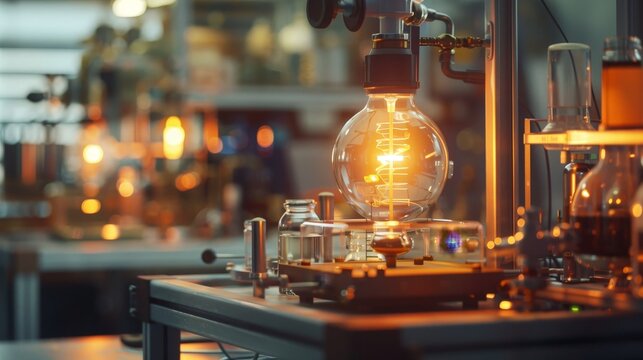 A visual representation of the principles of thermodynamics, featuring an experiment with heat transfer and energy transformation, conducted in a well-equipped laboratory, demonstrating the practical