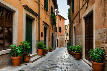 A serene European alleyway lined with potted plants and rustic buildings