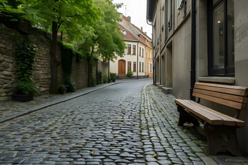 A serene, empty cobblestone street flanked by greenery and old buildings, evoking a quiet, historical atmosphere