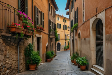 Fototapeta premium A picturesque scene of a quaint Italian alley adorned with colorful flowers and terracotta pots in a historic town