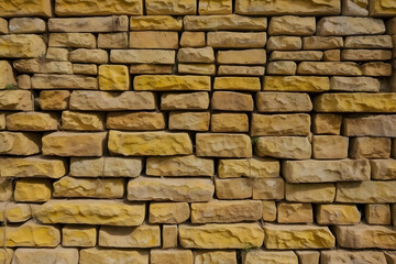 Fototapeta premium Detailed and focused close-up shot of a yellow brick wall exhibiting texture variations and pattern consistency