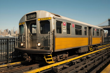 A vintage subway train captured on an overpass in an urban environment with a city backdrop