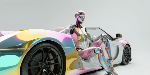 A fashion women robot  with an iridescent holographic fancy car 