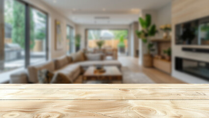 Minimal Scandinavian living room interior blurred behind a wooden table top, creating an ideal environment for advertising displays.