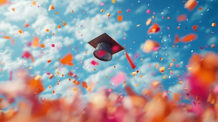 Colorful Confetti and Ribbons with Floating Grad Caps