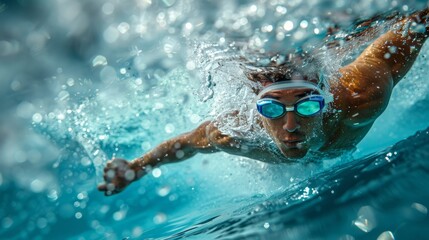 Dynamic image of a swimmer diving into the pool, emphasizing speed and form, perfect for fitness and swimwear brands.