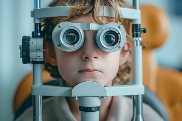 A young boy is sitting in a chair with his eyes closed, medical selection of glasses in optics