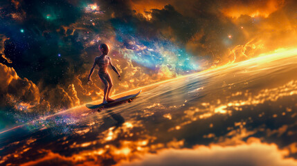 Colorful space scene with an alien riding a skateboard. Skateboarding in the cosmos, colorful clouds
