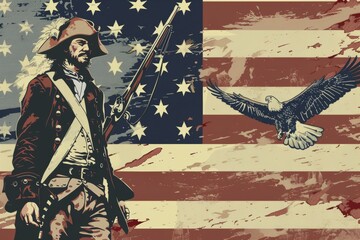 A man in a colonial uniform stands in front of an American flag with an eagle on it. Concept of patriotism