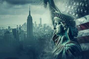 A statue of liberty stands in front of the New York City skyline