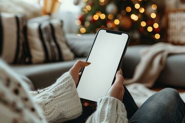 A woman is holding a cell phone in her hand, and she is sitting on a couch