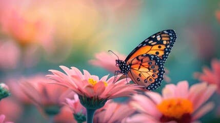 A pink blossom hosts a butterfly.