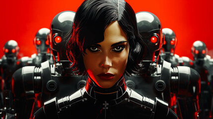 Illustration of retro woman and cyborgs with red eyes
