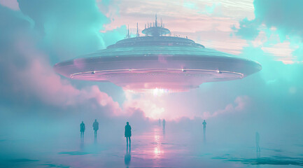Ufo over the city, sci-fi backround
