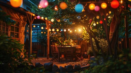 A backyard garden at night with colorful string lights hanging above an outdoor dining area, surrounded by trees and plants. The scene is illuminated