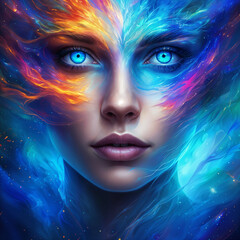 A close-up of a woman with vibrant, colorful makeup on their face and blue eyes, set against a cosmic background.