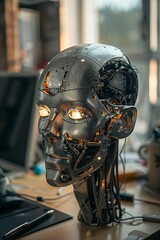 Futuristic Transparent Robot Head with Illuminated Circuitry
