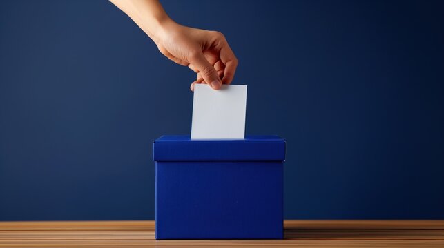 Person casting a vote into blue ballot box