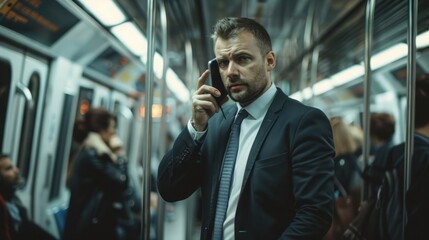 A business man in suit talking on the phone while standing inside train and holding hand graber, people around him ,8k, real photo, photography