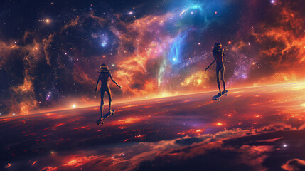 Colorful space scene with two aliens on skateboards. Skateboarding in the cosmos, colorful clouds