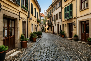 Naklejka premium A serene cobbled alley with shuttered windows, potted plants, and visible shop signs in a historic European setting