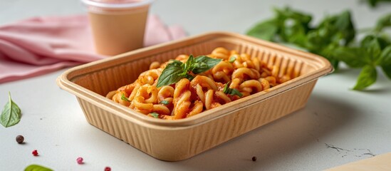 Takeout pasta with basil in biodegradable container