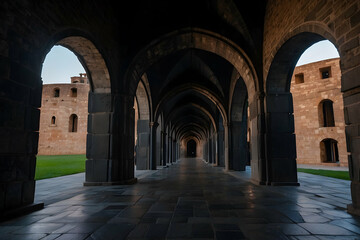 Symmetrical view of a series of stone arches in an atmospheric ancient cloister