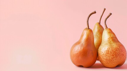 Pears, a photorealistic illustration against pastel pink background with copy space for text or logo, beautifully illuminated by studio lighting