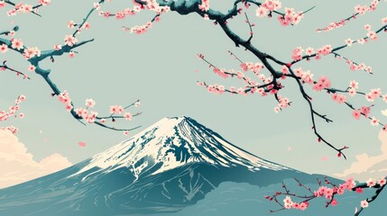 A minimalist art style portrays Mount Fuji and cherry blossoms with clean lines and subtle colors.