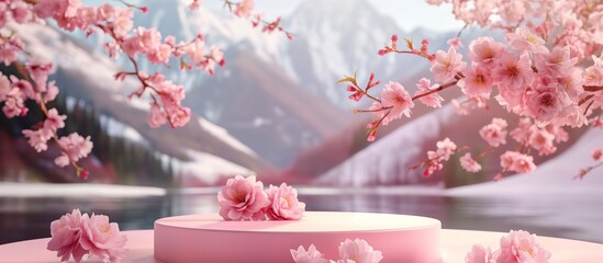 Podium with cherry blossoms and snowy mountains in the background