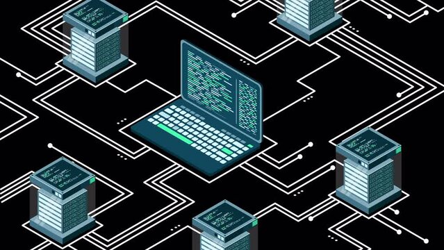 Abstract isometric high technology animation. Cloud storage isometric illustration. Big data center with server. Server room. Transparent background with alpha channel