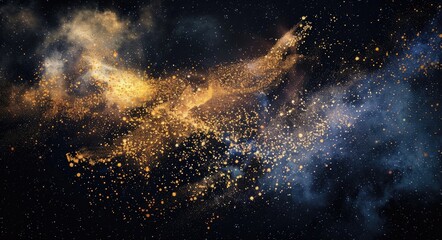 Abstract background with golden powder and colorful dust on a black background. Abstract space wallpaper